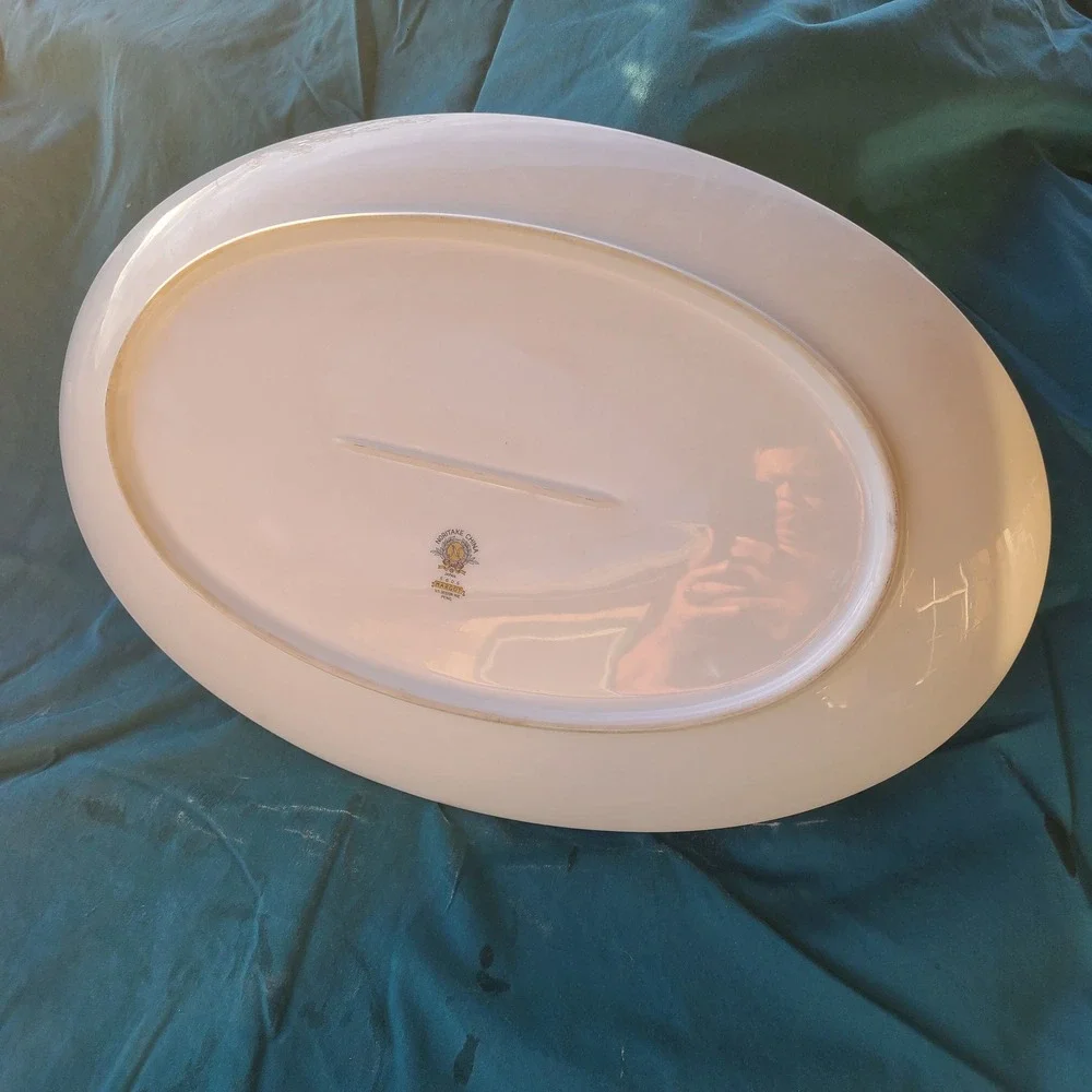 Noritake Margot 5605 16in Oval Platter White Pink Rose MCM Platinum Trim Bone Ch